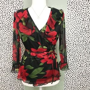 Black and Red Floral Mesh Ruffle Wrap Top